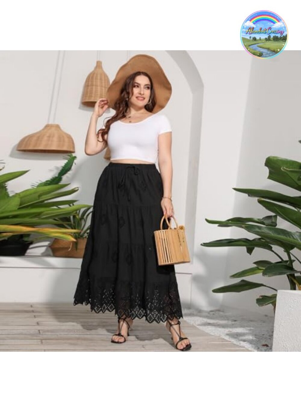 Women's Boho Cotton Embroidered Tiered Maxi Skirt, Elastic High Waist A-Line